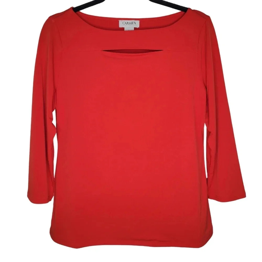CARMEN Red 3/4 Sleeve Peekaboo Slit Scoop Neck Top Women's Size Large